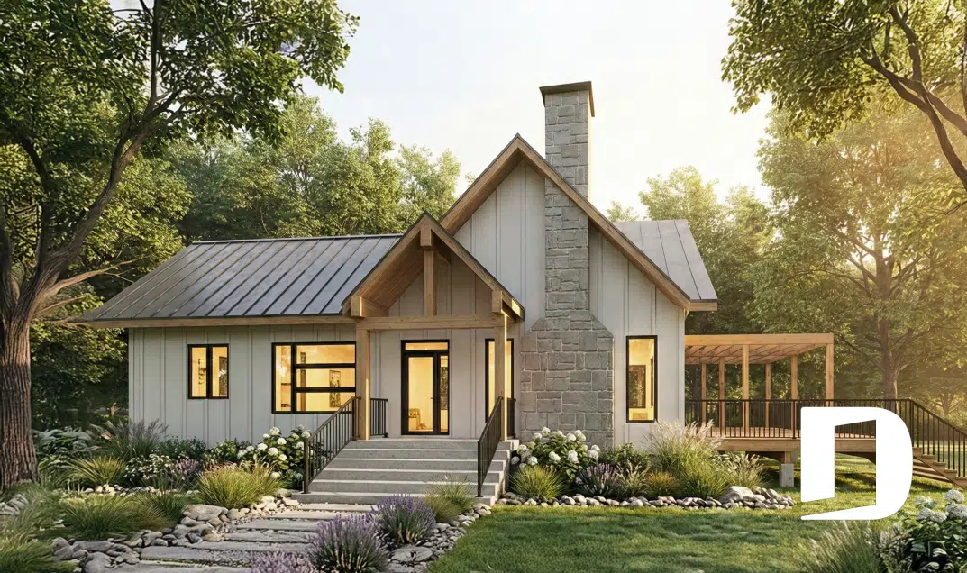 Custom house plan with stone chimney, covered terrace and personalized home design tailored to the homeowner's lifestyle