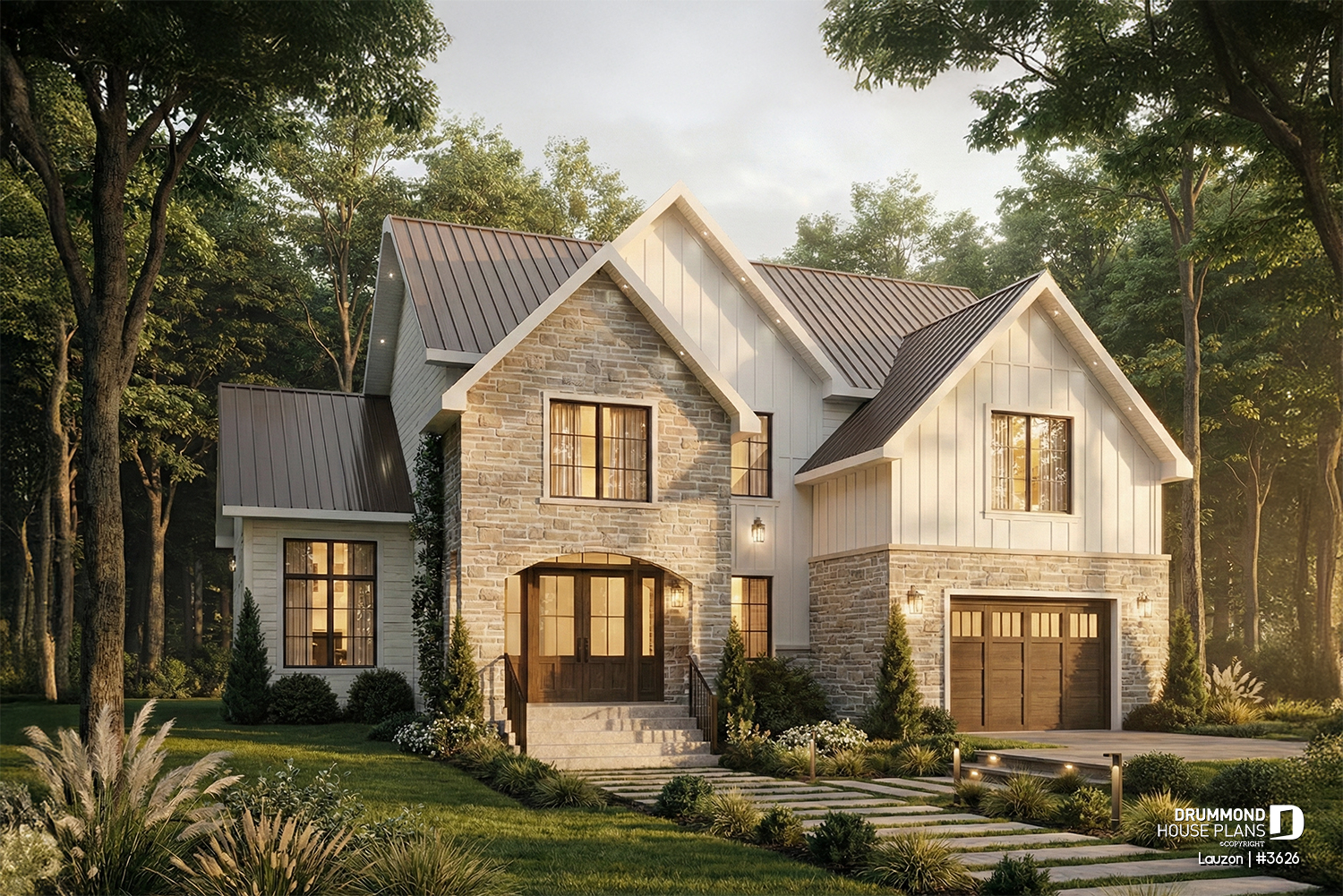 European house plan Lauzon (#3626) with stone façade, board and batten siding and covered terrace
