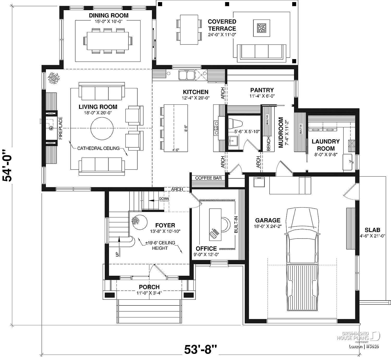 Main floor plan of the Family house plan Lauzon (#3626) with open-concept living area, kitchen island and covered terrace