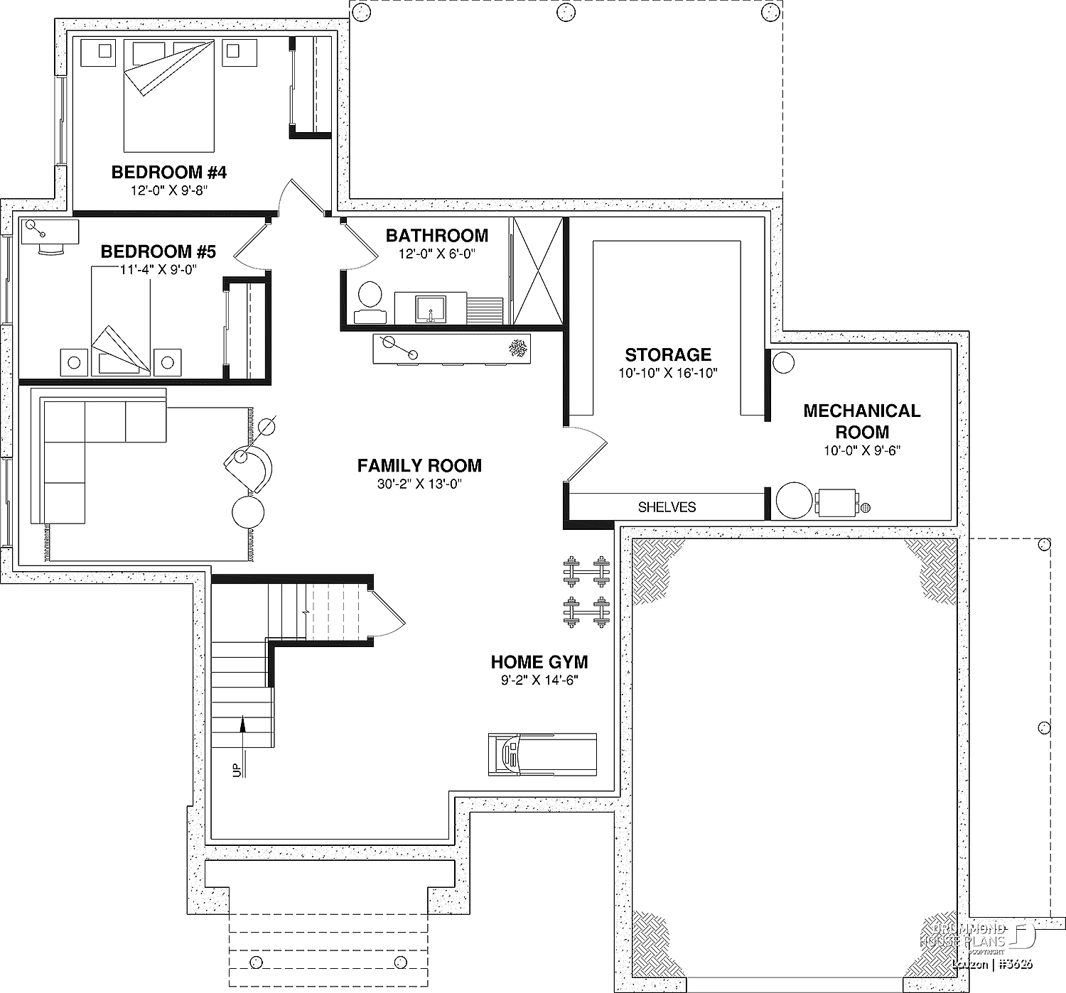 Optional basement floor plan of the house plan Lauzon (#3626) with family room, two bedrooms and home gym