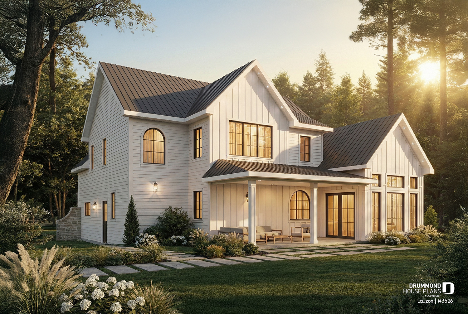 Rear view of the European house plan Lauzon (#3626) with covered terrace and large windows