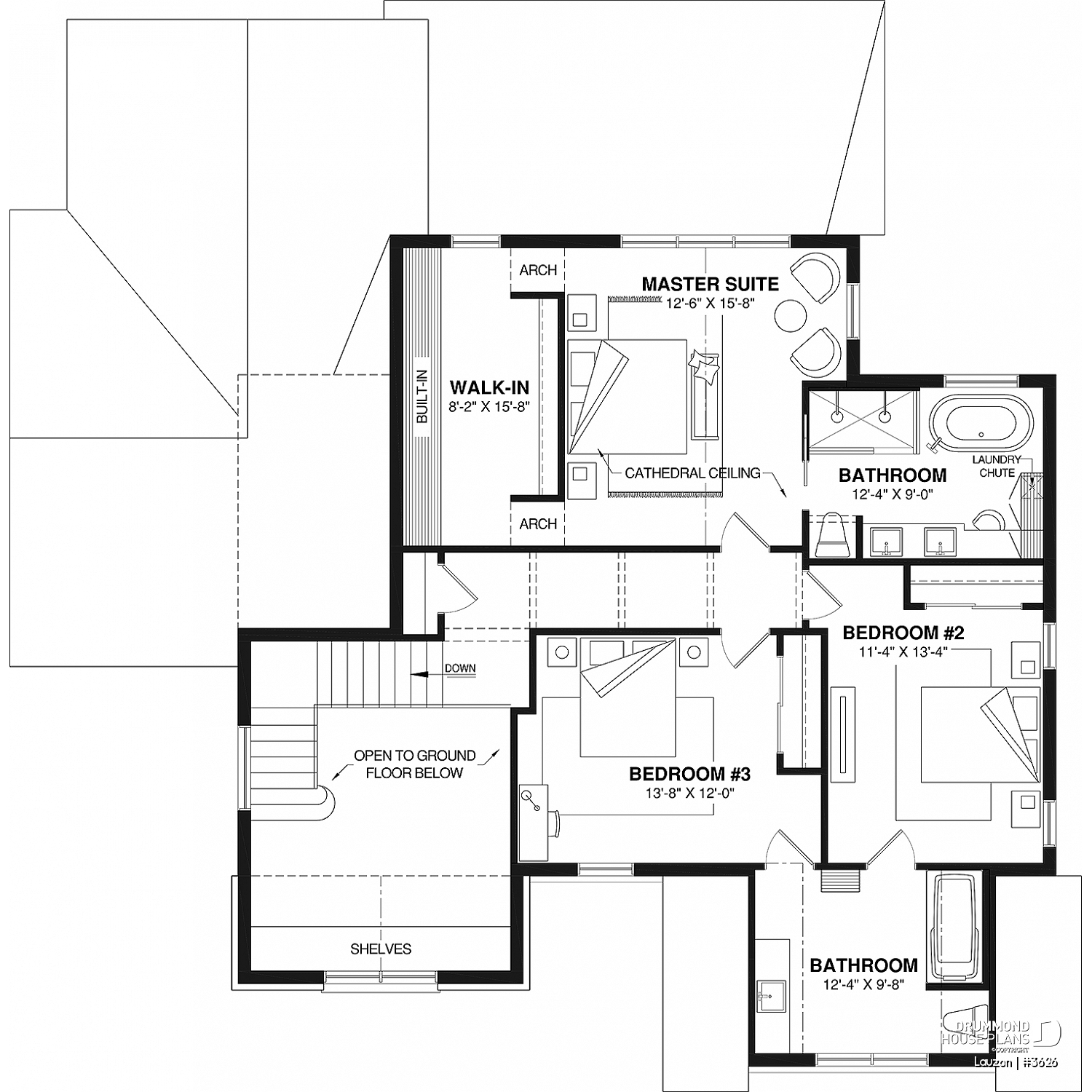Second floor plan of the house model Lauzon (#3626) with primary suite, walk-in closet and two bedrooms