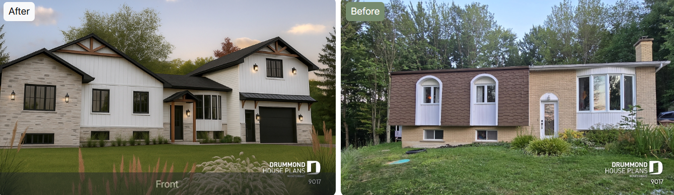Before-and-after home renovation showing a major exterior transformation, addition and attached garage designed from a home renovation plan.