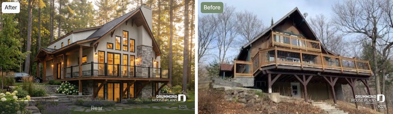 Before-and-after cottage renovation with a redesigned exterior, new windows, updated deck and modernized architectural details.