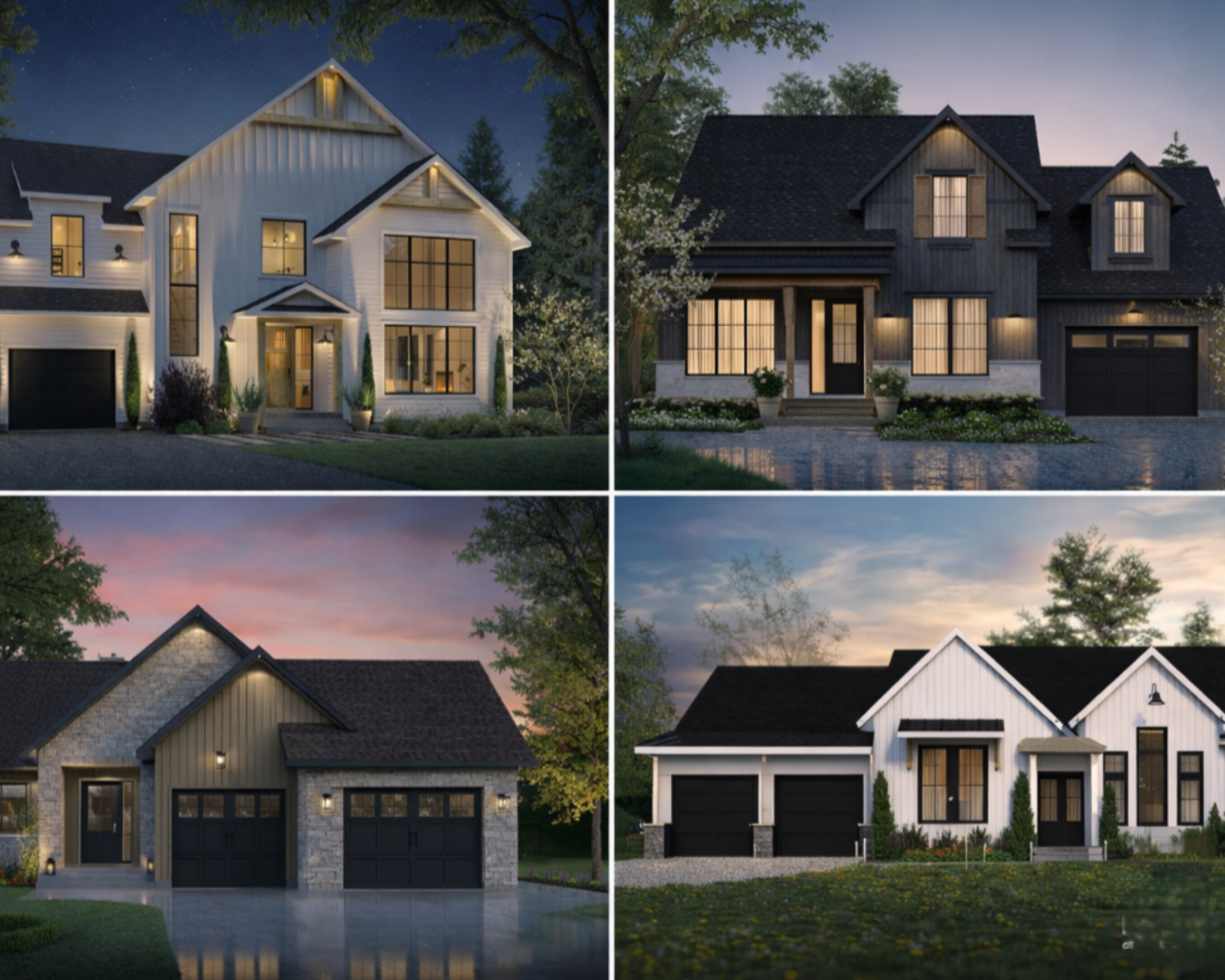 Comparison of 4 different house plans including single-story, two-story, modern, and country home designs to help choose the right house plan.