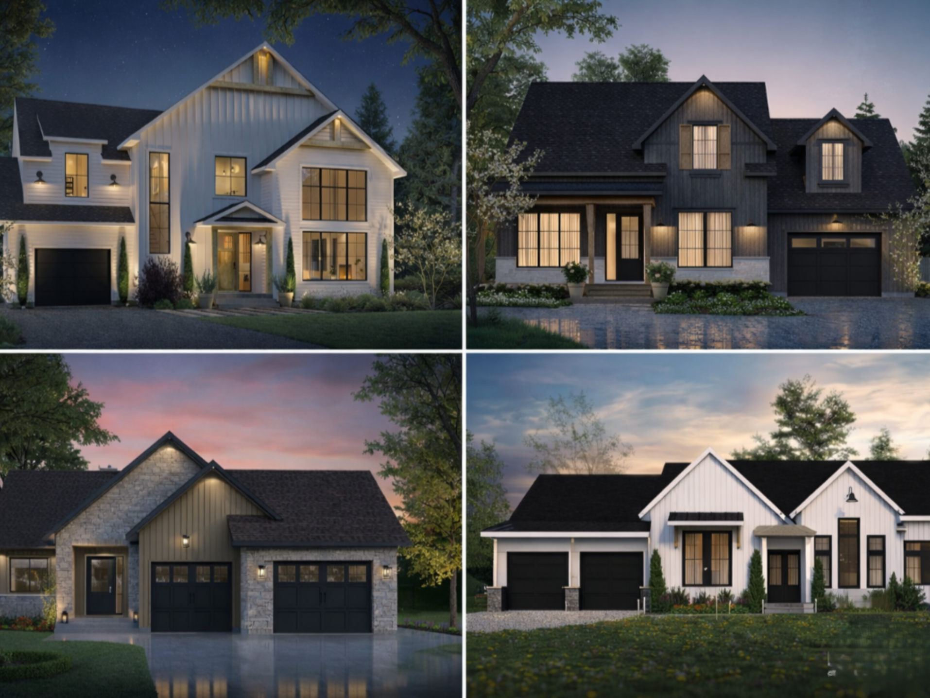 Comparison of 4 different house plans including single-story, two-story, modern, and country home designs to help choose the right house plan.