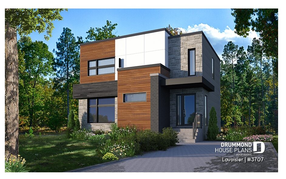 Lavoisier narrow lot house plan (#3707) modern home design 30-foot wide façade