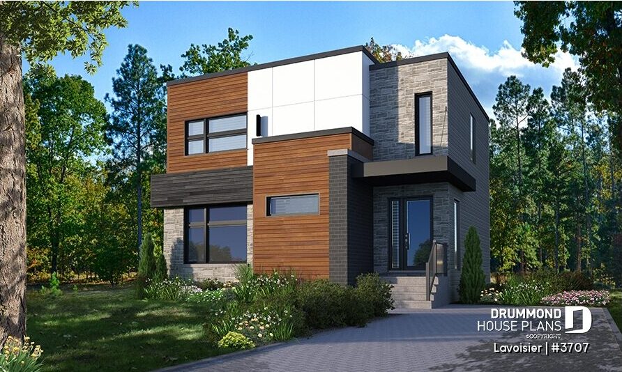 Lavoisier narrow lot house plan (#3707) modern home design 30-foot wide façade