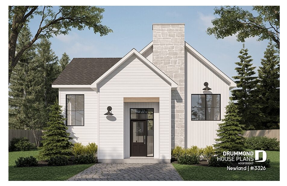 Newland modern farmhouse narrow lot house plan (#3326) with main floor primary suite