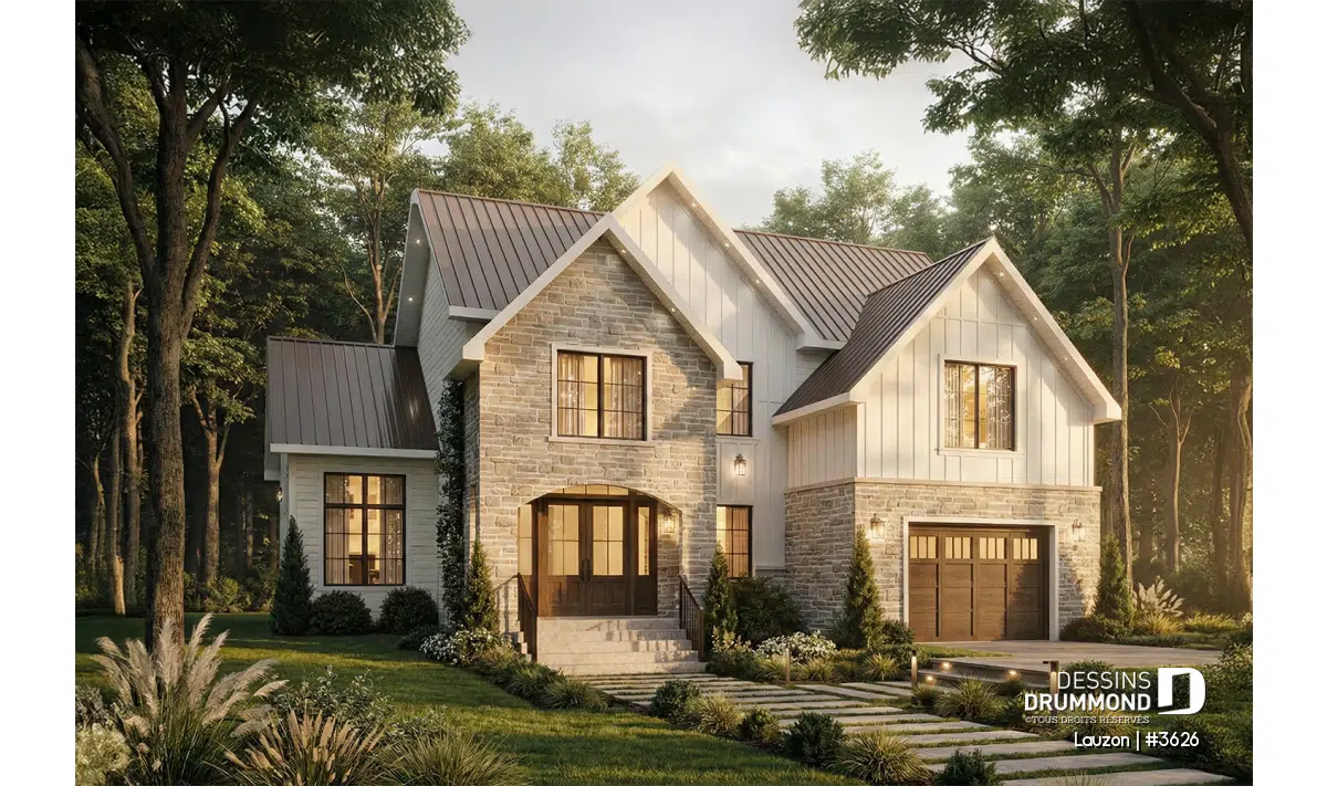 Plan de maison classique Lauzon (#3626) de style européen avec façade en pierre et revêtement board and batten