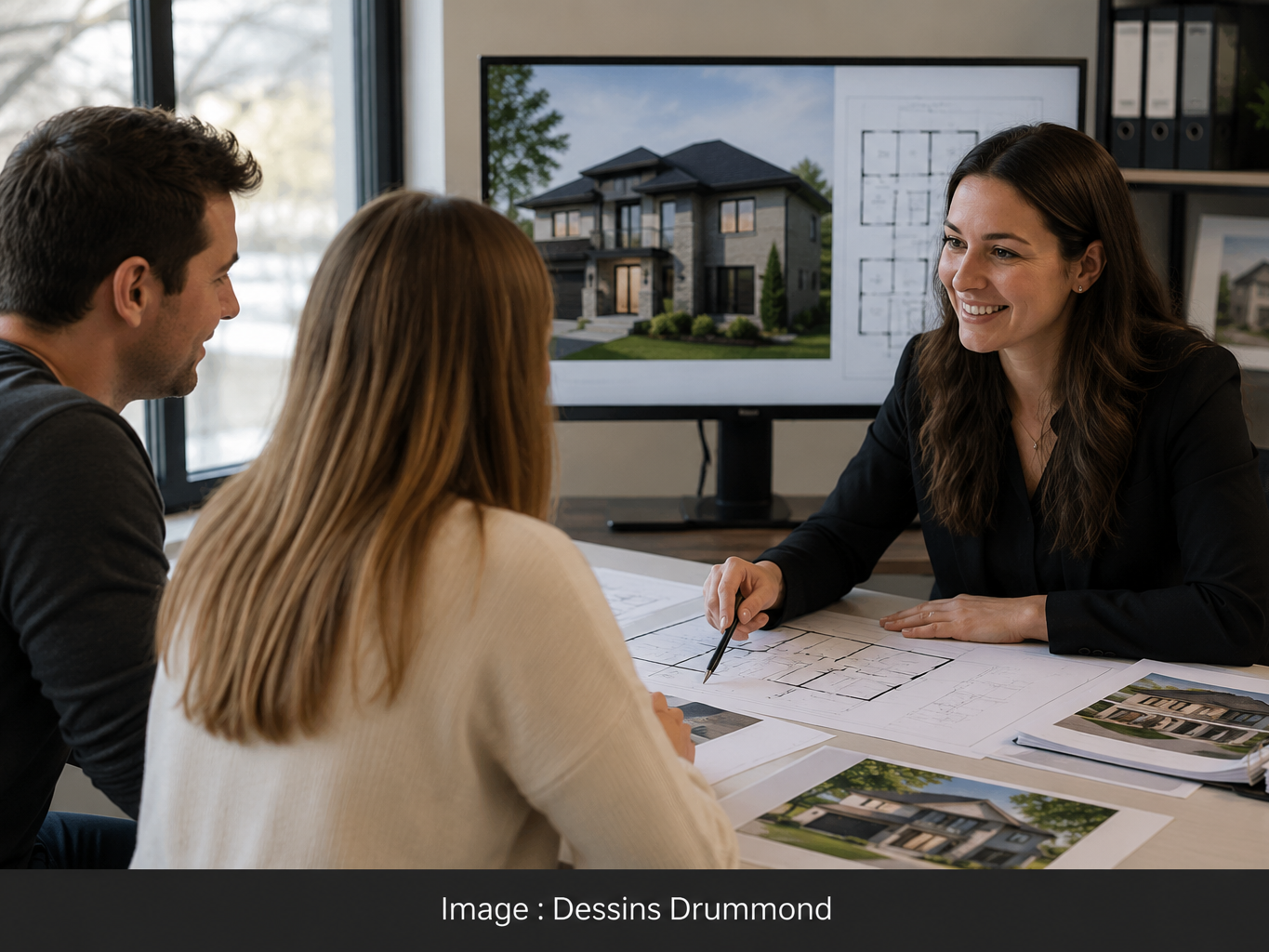 Consultation entre des clients et une technologue pour la conception d’un plan de maison sur mesure personnalisé au Québec