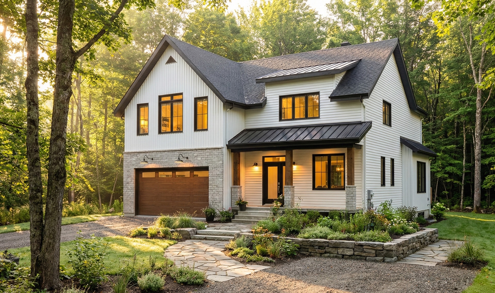 Online custom house plan modern farmhouse with garage in a natural wooded setting By Drummond House Plans