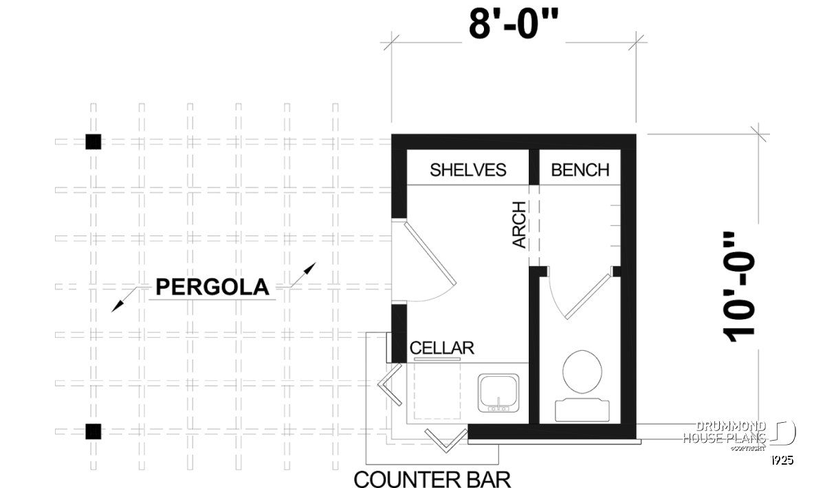 Positano 1925 pool house floor plan with outdoor bar, sink, private bathroom and storage, compact European design