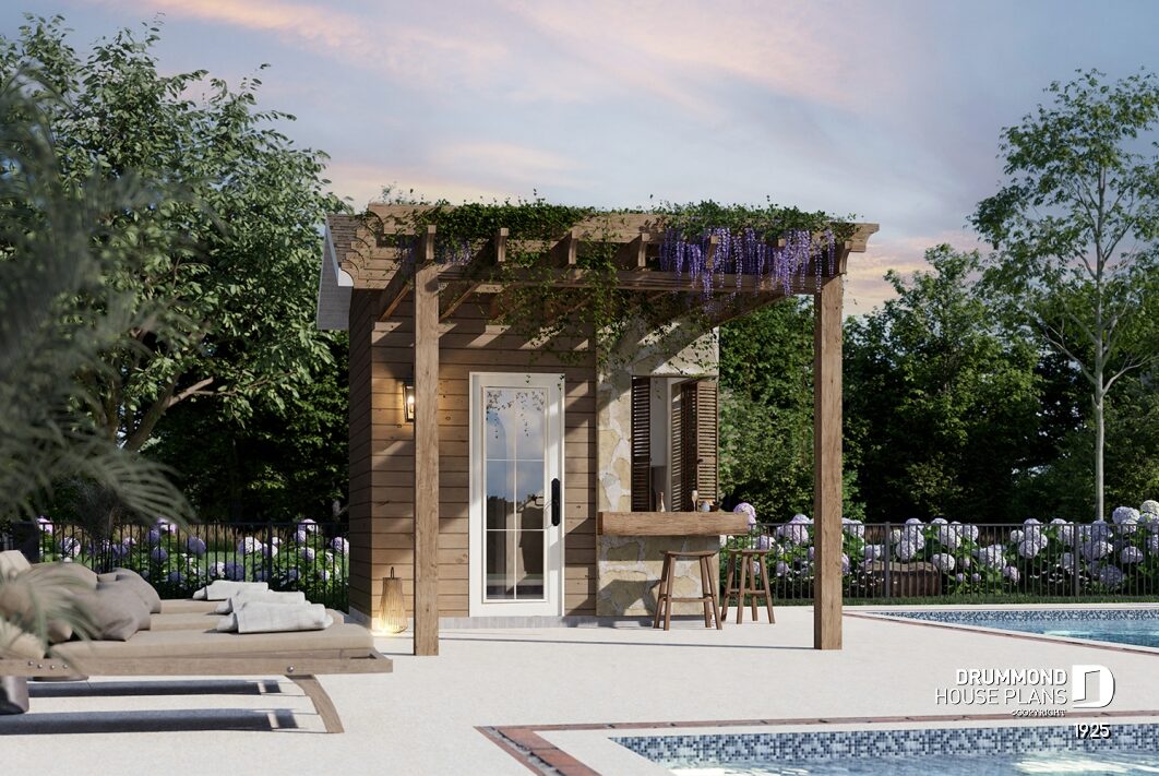 Positano 1925 pool house front view with pergola, outdoor bar and powder room, compact European style pavilion