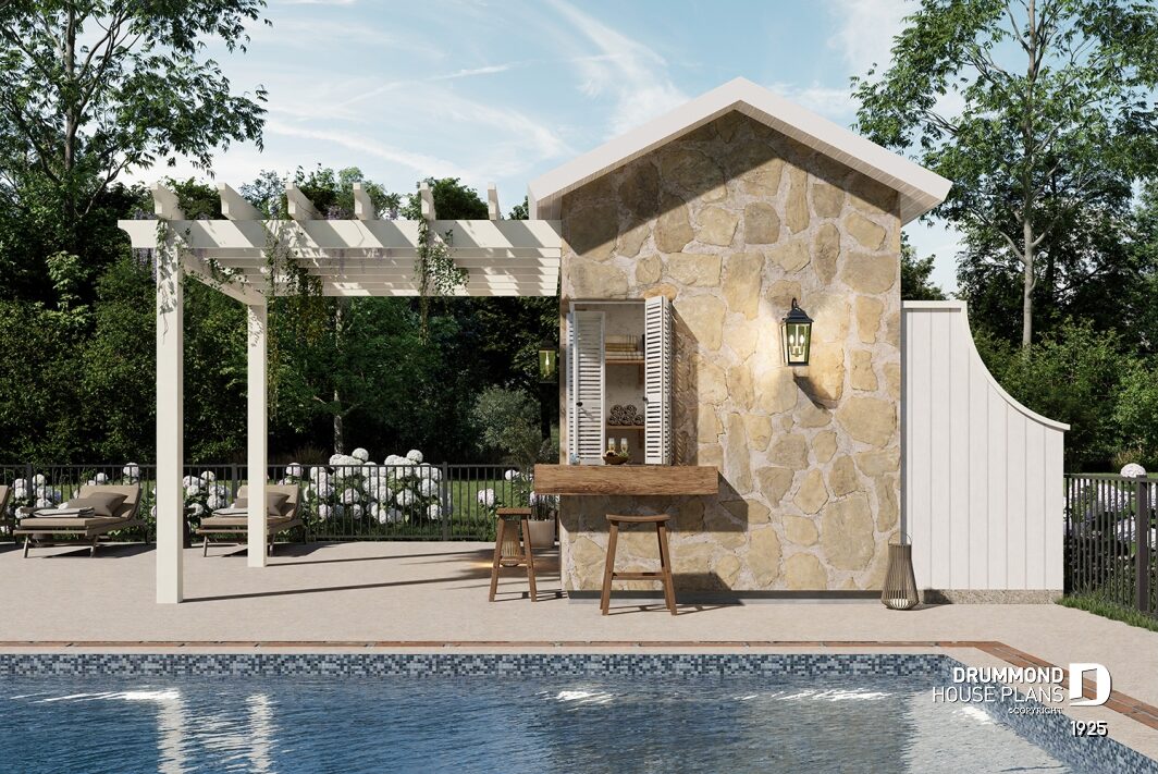 Positano 1925 pool house side elevation with pergola, outdoor bar and powder room, European inspired design