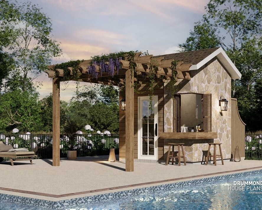 Positano 1925 pool house side view with pergola and outdoor bar, compact European style pavilion