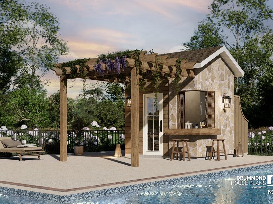 Positano 1925 pool house side view with pergola and outdoor bar, compact European style pavilion