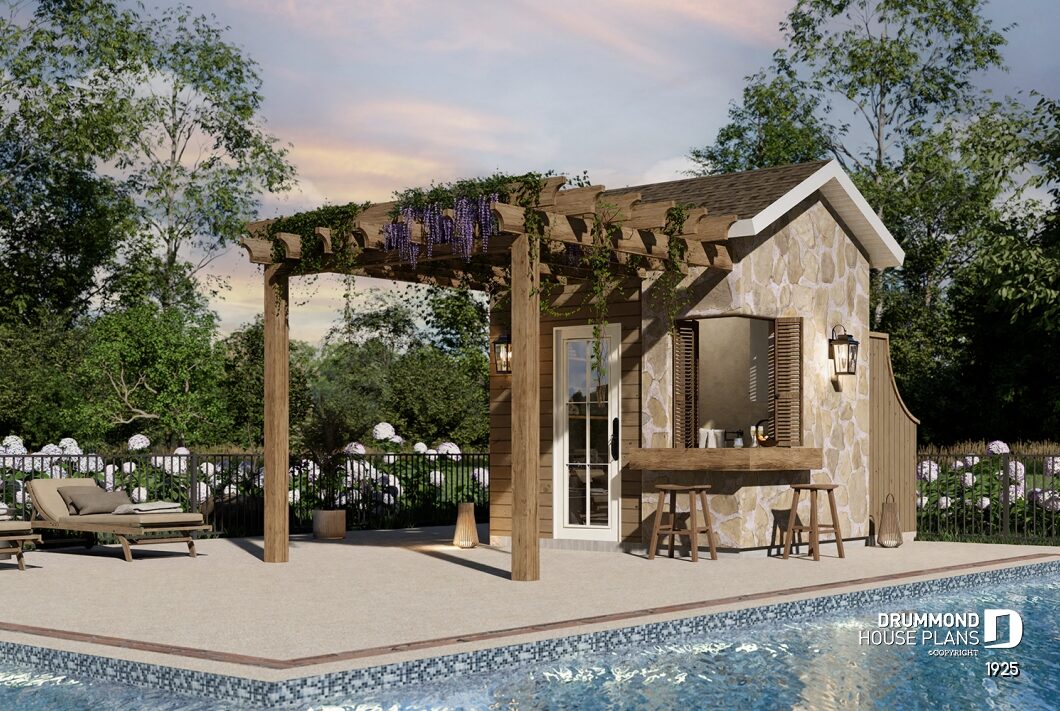 Positano 1925 pool house side view with pergola and outdoor bar, compact European style pavilion