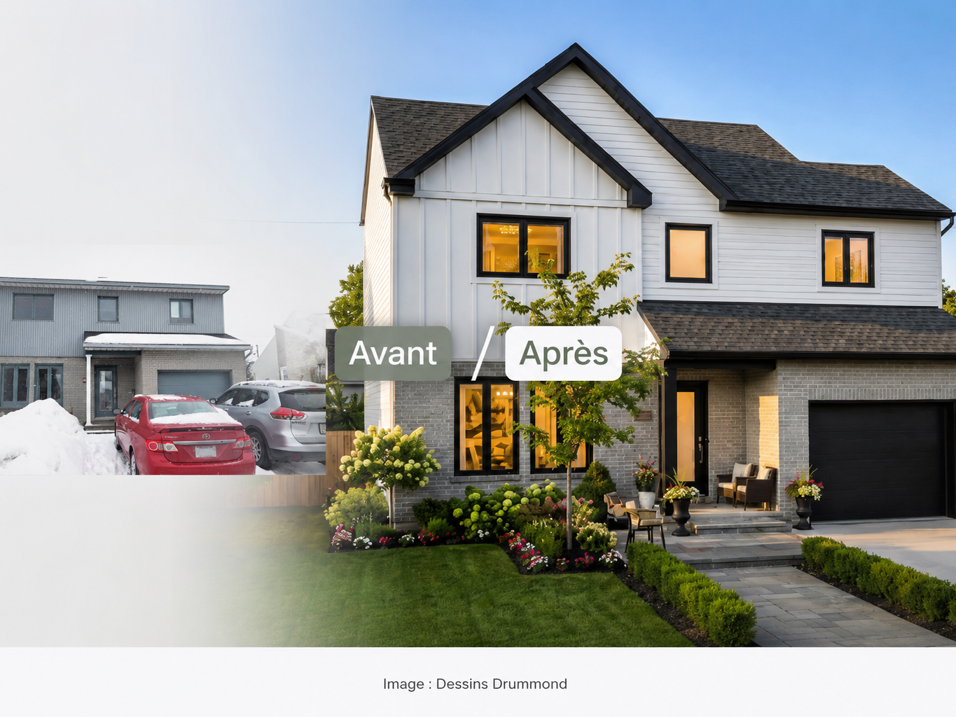 Transformation avant après d’une maison résidentielle réalisée avec un plan de rénovation Dessins Drummond montrant la modernisation de la façade et l’amélioration des espaces extérieurs
