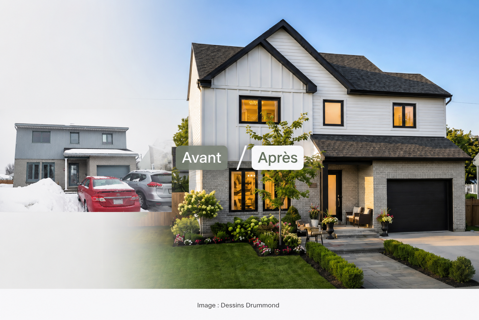 Transformation avant après d’une maison résidentielle réalisée avec un plan de rénovation Dessins Drummond montrant la modernisation de la façade et l’amélioration des espaces extérieurs