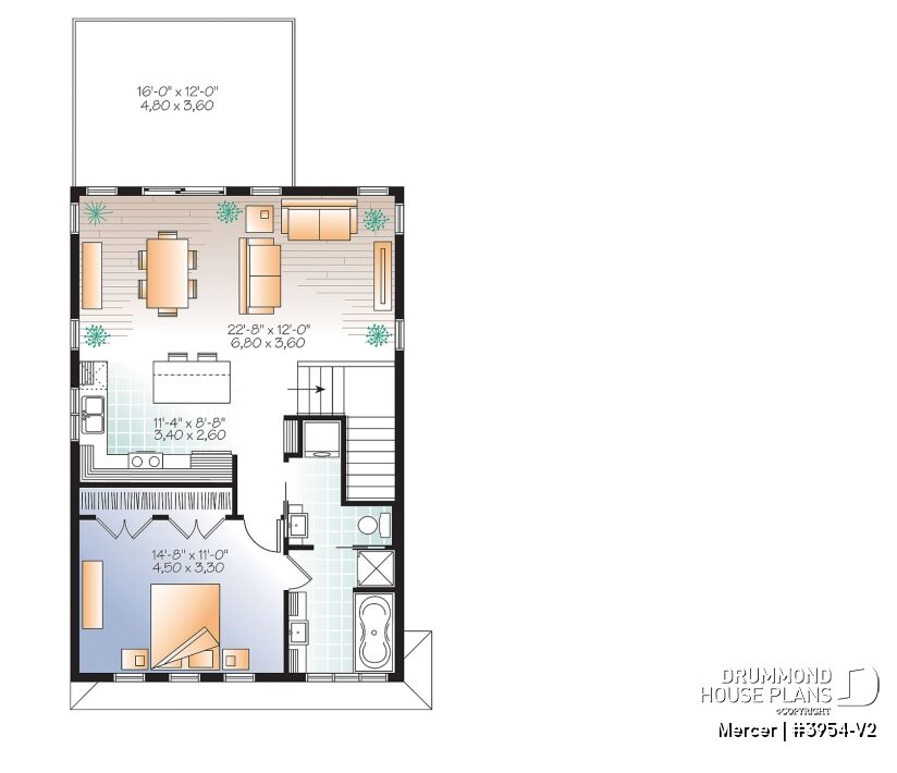 1-bedroom garage apartment floor plan Mercer 3954-V2 with open-concept living area and outdoor terrace