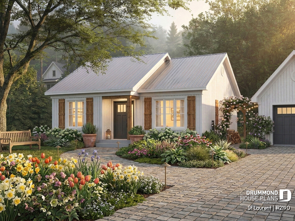 2-bedroom single-story house plan St-Laurent 2190 white front exterior country style