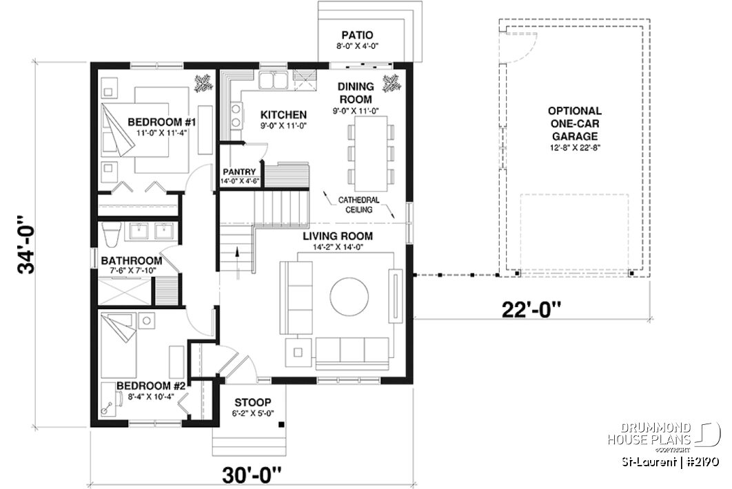 main floor plan 2-bedroom single-story house plan St-Laurent 2190 layout