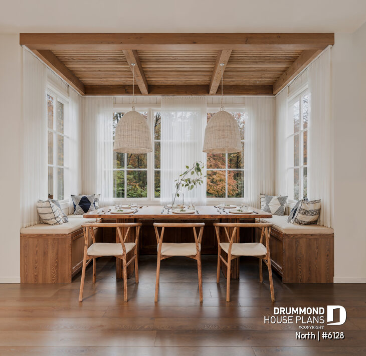 2-story house plan North 6128 dining room with built-in banquette design ceiling natural light and STÛV fireplace