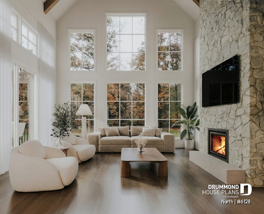 2-story house plan North 6128 open-to-above living room with STÛV fireplace large windows and high ceilings