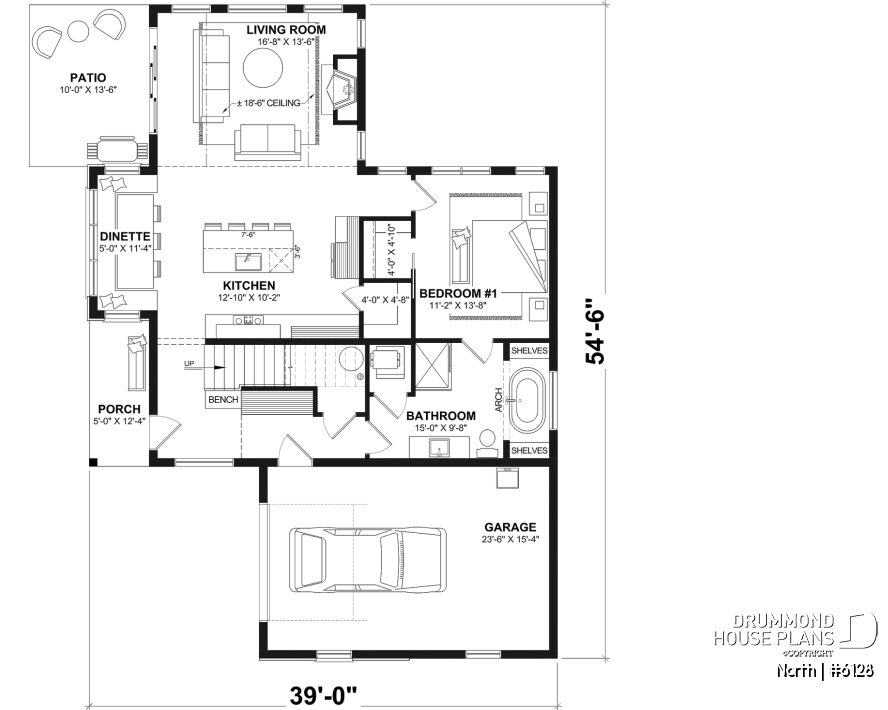 2-story house plan North 6128 main floor layout with primary bedroom open living area and STÛV fireplace