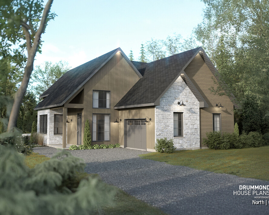 2-story house plan North 6128 open-concept living room and kitchen with STÛV fireplace and large windows