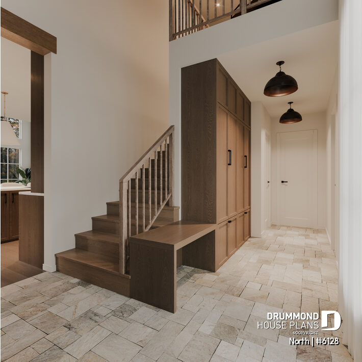 2-story house plan North 6128 open-to-above entry with large windows and high ceilings