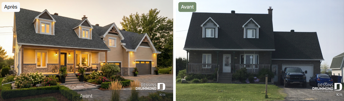 Before-and-after comparison showing a residential renovation with an attached garage addition designed to improve curb appeal, functionality and overall property integration.