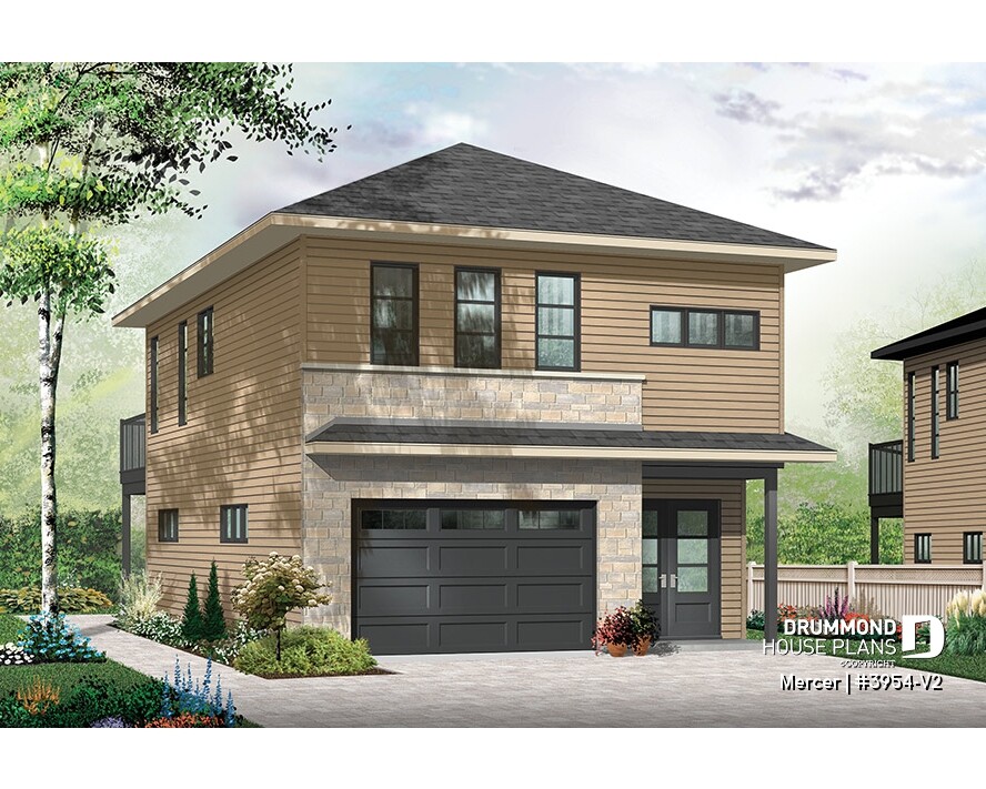 Contemporary garage apartment Mercer 3954-V2 with 1-bedroom in-law suite above a spacious garage and workshop