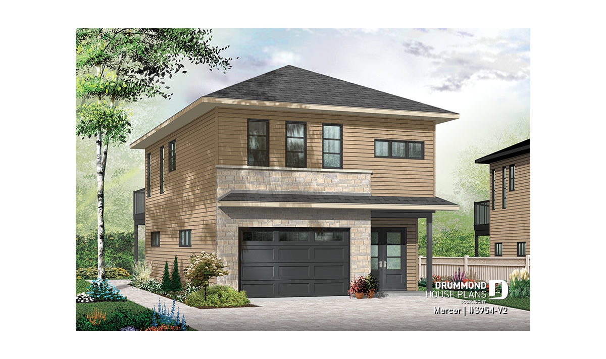 Contemporary garage apartment Mercer 3954-V2 with 1-bedroom in-law suite above a spacious garage and workshop