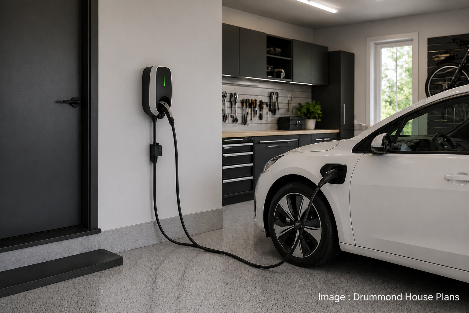 Modern garage with an electric vehicle charging station illustrating EV-ready electrical infrastructure, organized storage and future-oriented garage planning.