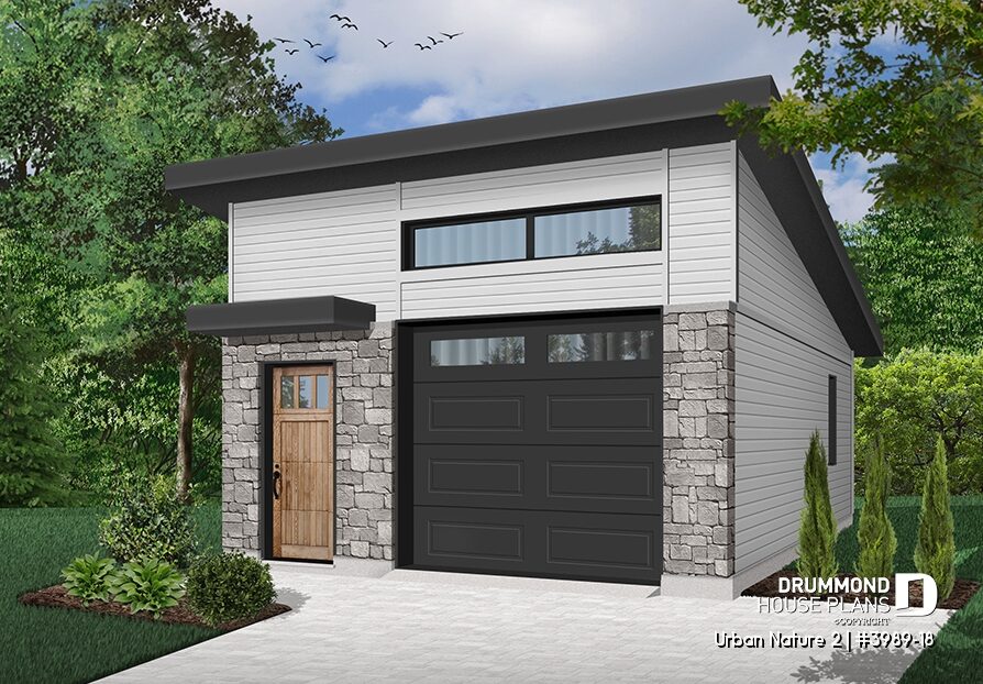 Urban Nature 2 (#3989-18) contemporary garage featuring a modern garage door, service entrance, windows and exterior finishes that influence comfort, style and construction costs.