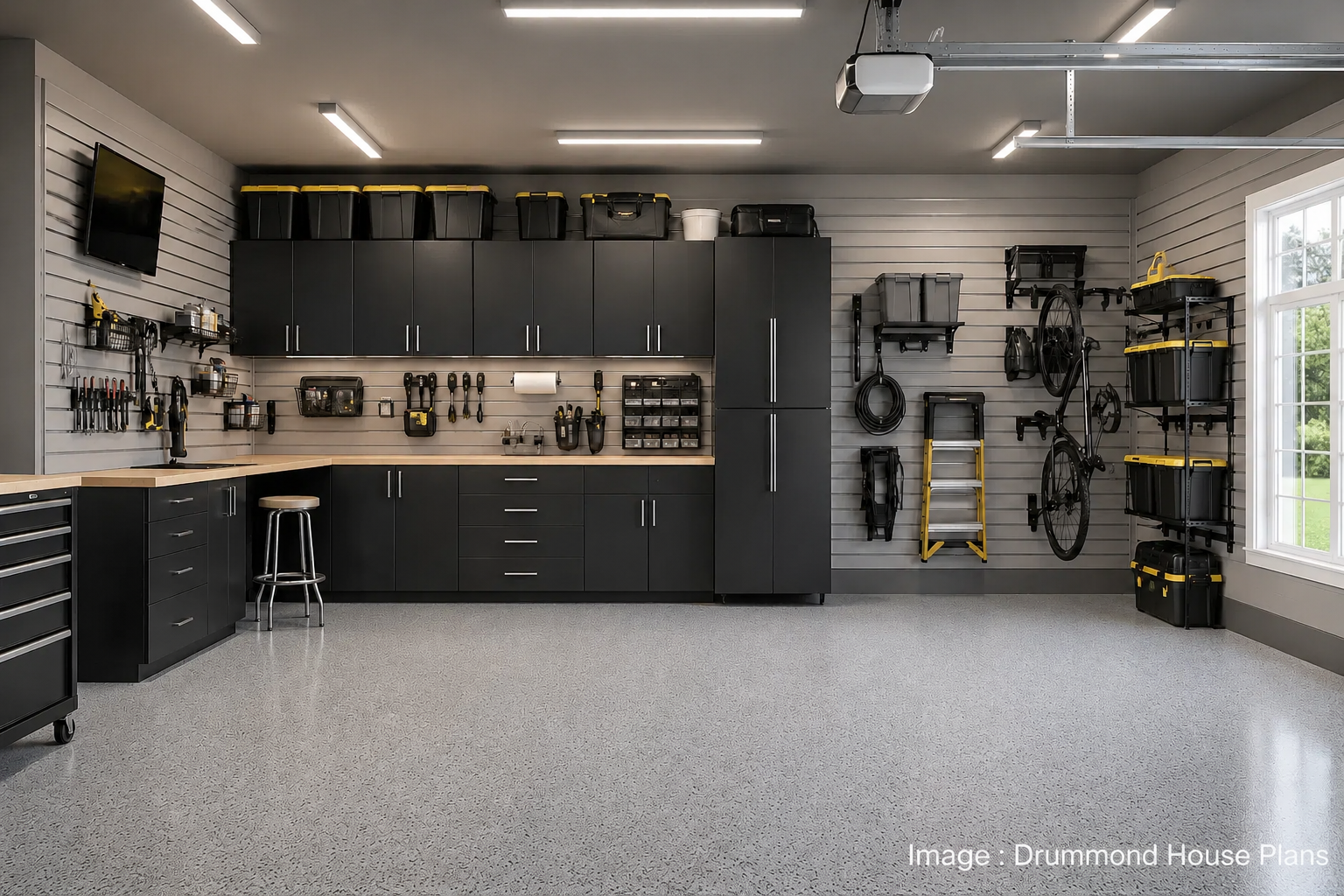 Modern garage interior featuring integrated storage cabinets, wall organization, workbench space and optimized storage designed to improve everyday functionality.