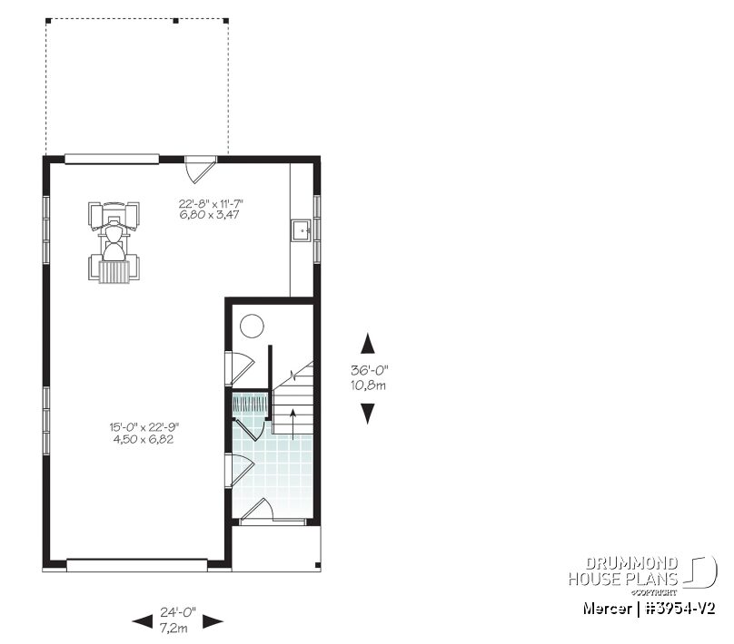 Main level floor plan of Mercer 3954-V2 featuring a spacious garage workshop and storage area