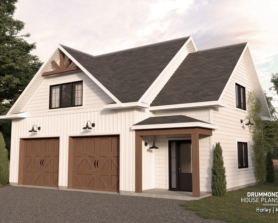 Harley (#6985) modern farmhouse double garage plan by Drummond House Plans with spacious storage and elegant architectural design