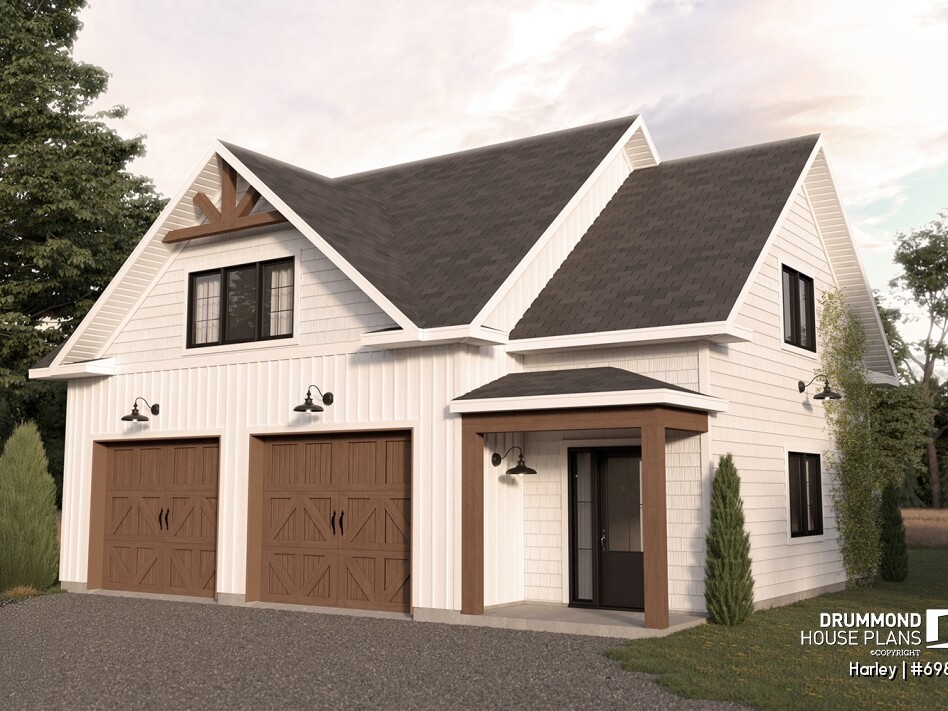 Harley (#6985) modern farmhouse double garage plan by Drummond House Plans with spacious storage and elegant architectural design