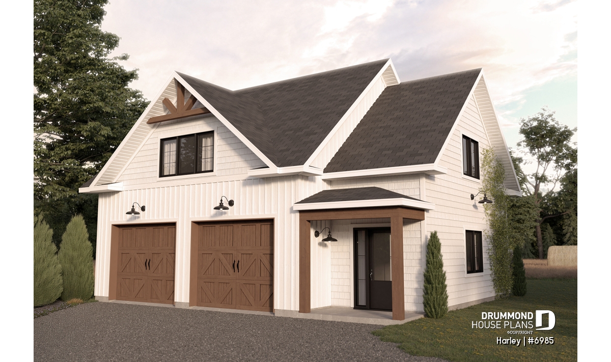 Harley (#6985) modern farmhouse double garage plan by Drummond House Plans with spacious storage and elegant architectural design