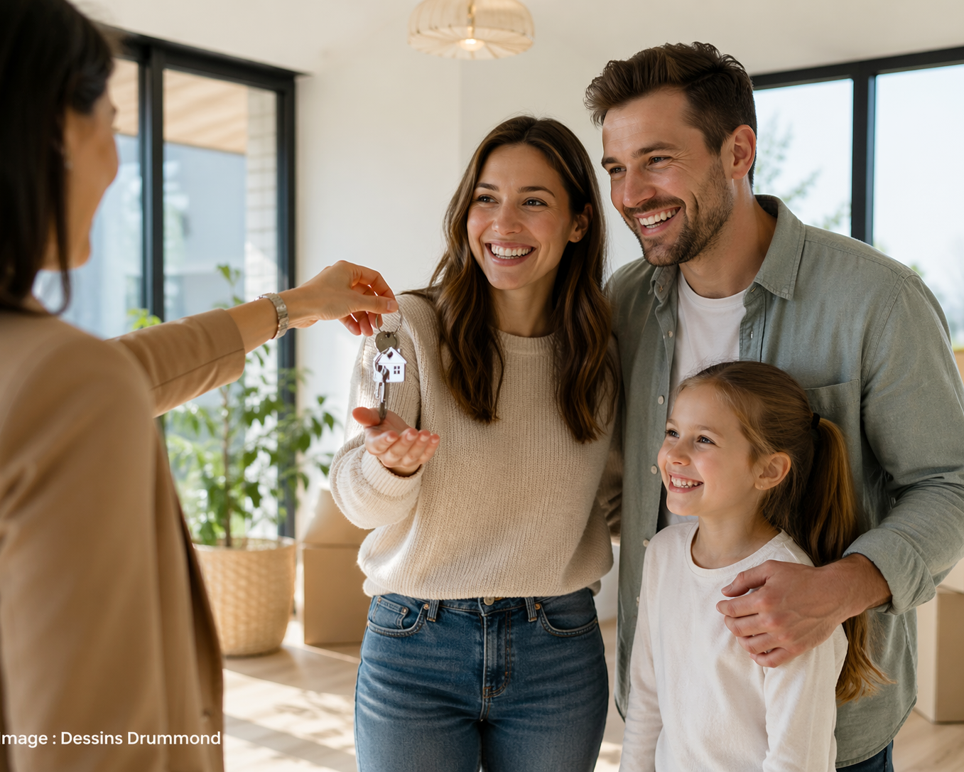 jeune famille recevant clés première maison remboursement taxe bienvenue Québec