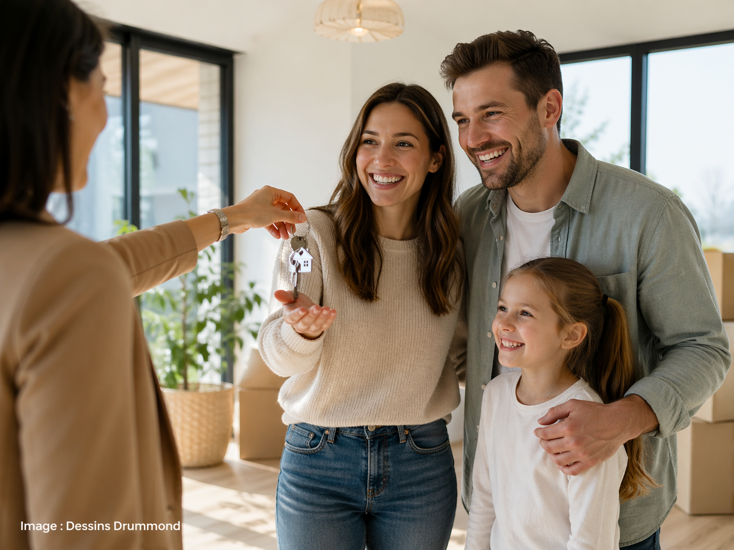 jeune famille recevant clés première maison remboursement taxe bienvenue Québec