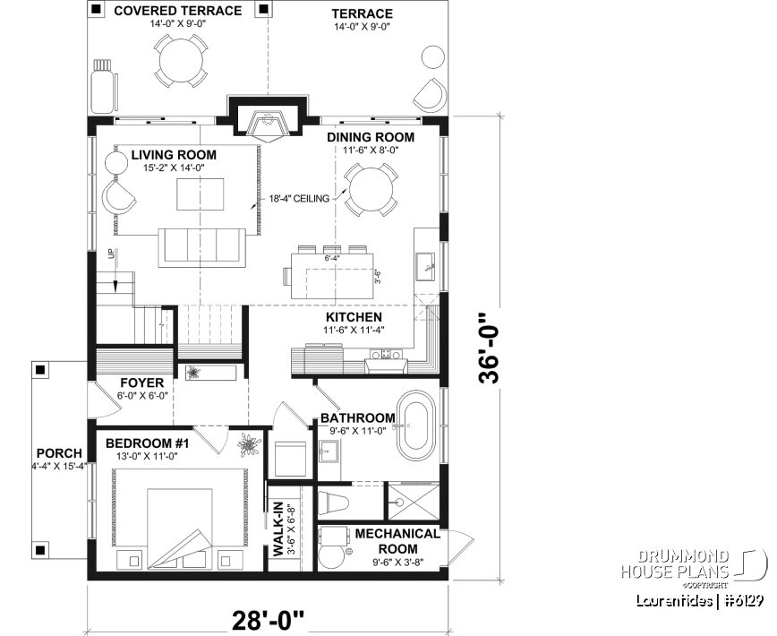 Main floor plan of the Laurentides (#6129) cottage house plan showing open-concept living area with cathedral ceiling