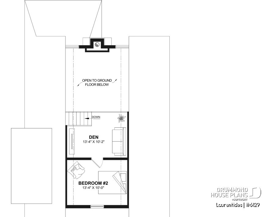 Mezzanine floor plan of the Laurentides (#6129) cottage house plan overlooking the main living area