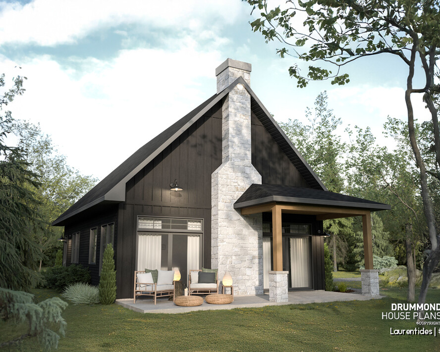 Exterior view of the Laurentides (#6129) rustic cottage house plan with cathedral ceiling, mezzanine, and large windows