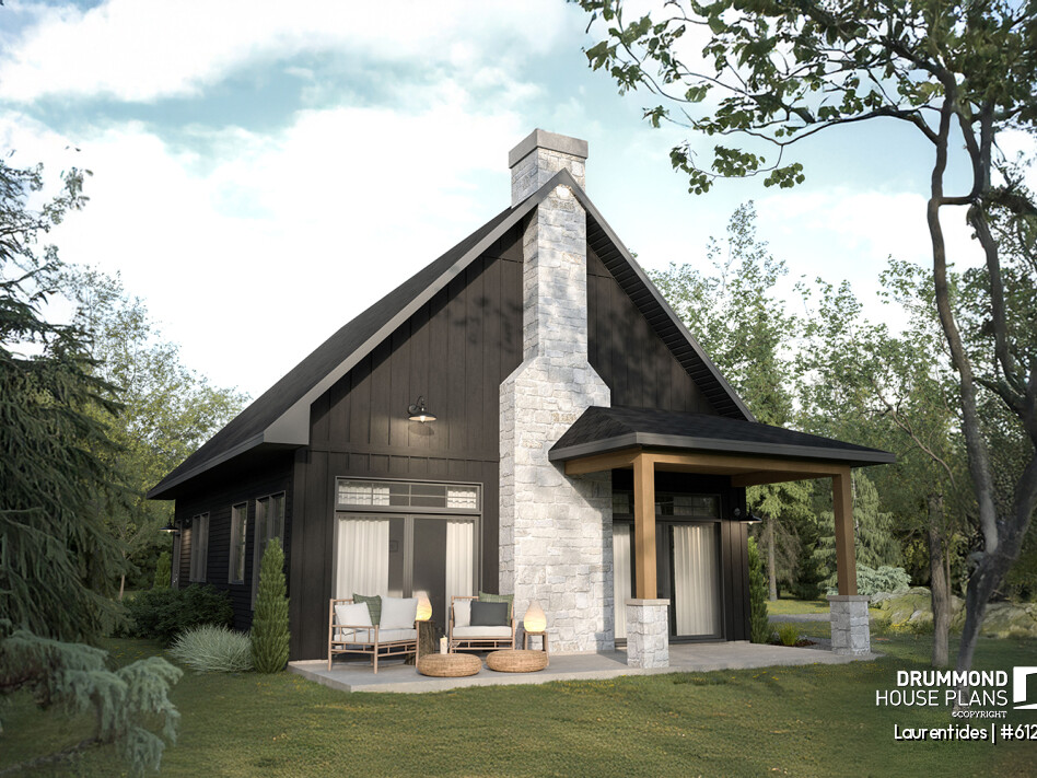 Exterior view of the Laurentides (#6129) rustic cottage house plan with cathedral ceiling, mezzanine, and large windows