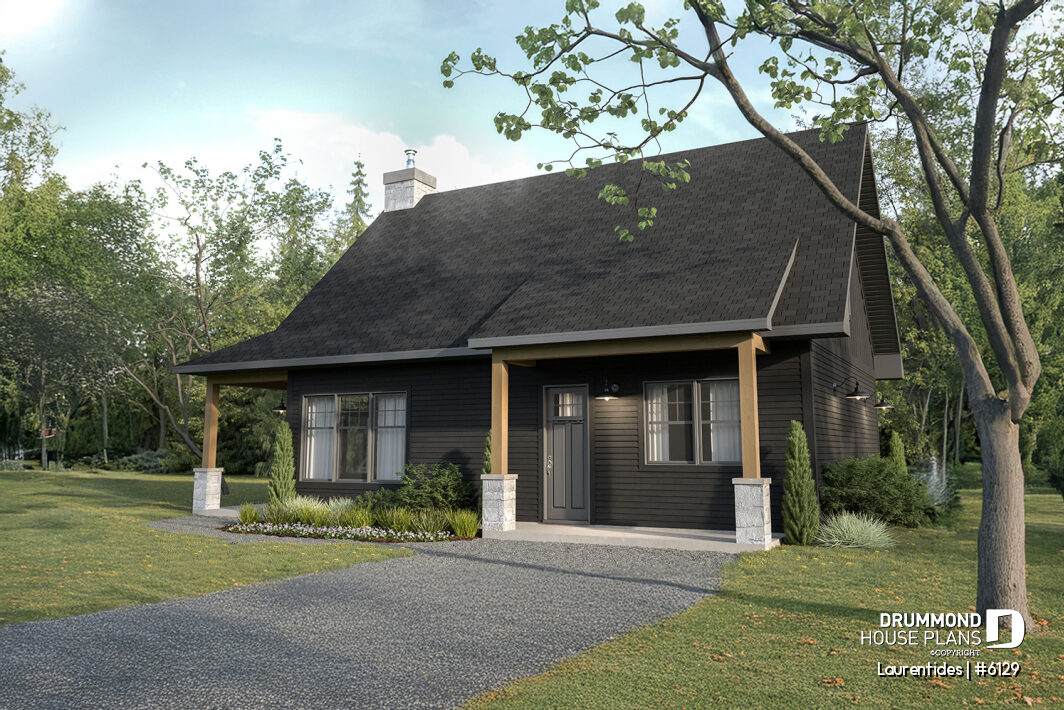 Front view of the Laurentides (#6129) rustic cottage house plan with cathedral ceiling, mezzanine, and large windows