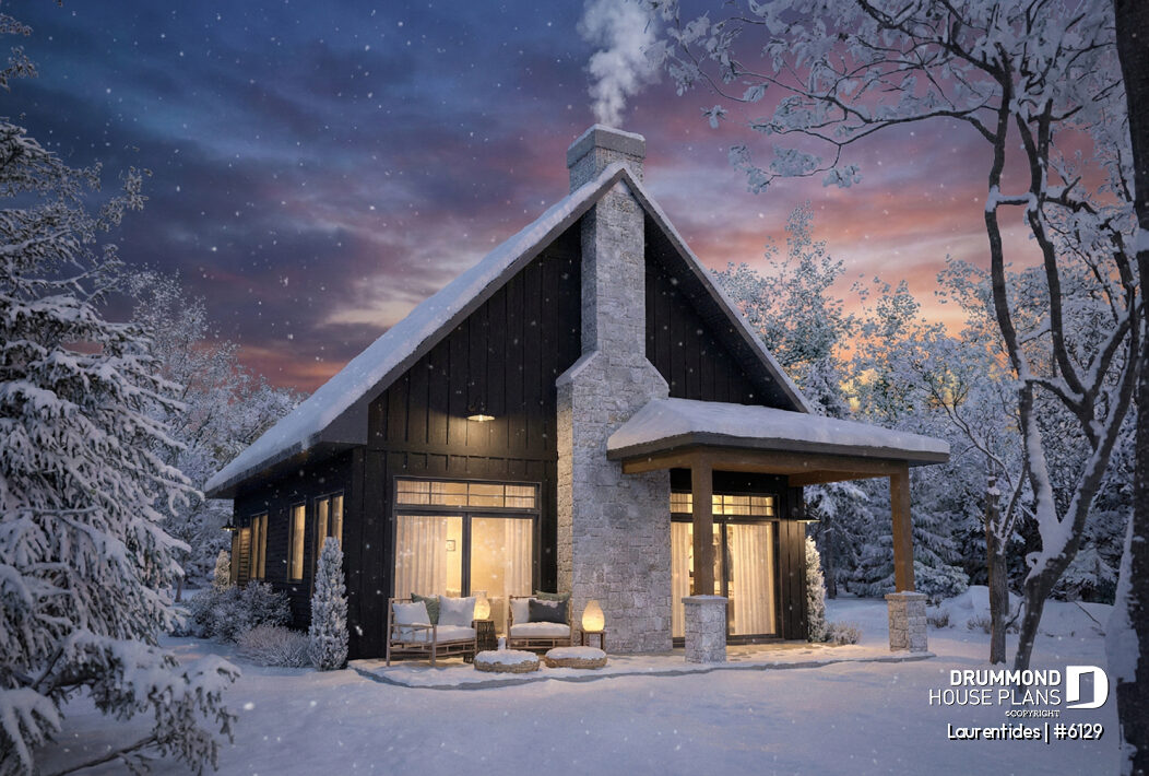Winter view of the Laurentides (#6129) rustic cottage house plan surrounded by snow